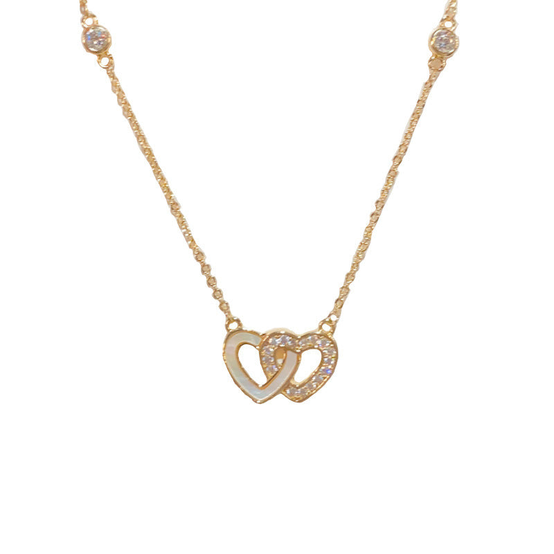 14K Gold-Plated Zircon Heart D-Ring Pendant Necklace - Elegant Design