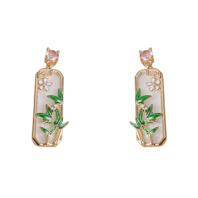 Elegant Zircon Bamboo Leaf Square Gold Earrings – Floral Design
