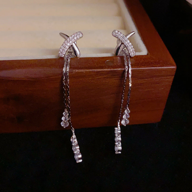 14K Gold-Plated Zircon Cross Dual-Wear Tassel Earrings –Elegant Design