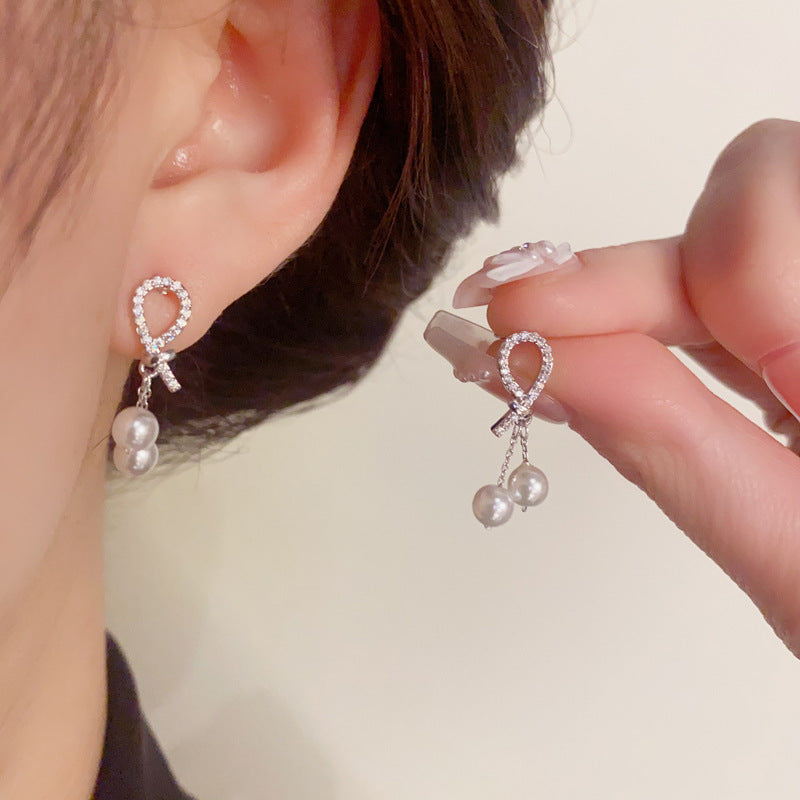 14K Gold-Plated Zircon Knot Pearl Tassel Earrings - Elegant Minimalist