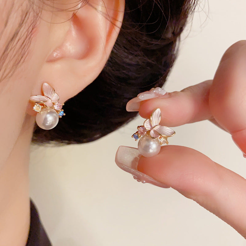 Luxury Pink Butterfly & Pearl Stud Gold Earrings – Elegant Design