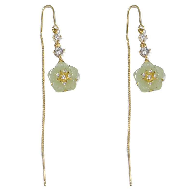 14K Gold Zircon Green Floral Tassel Threader Earrings – Elegant Design