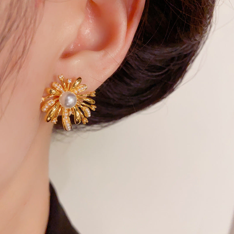 Luxury Metal Pearl & Firework Stud Earrings – Elegant Floral Design