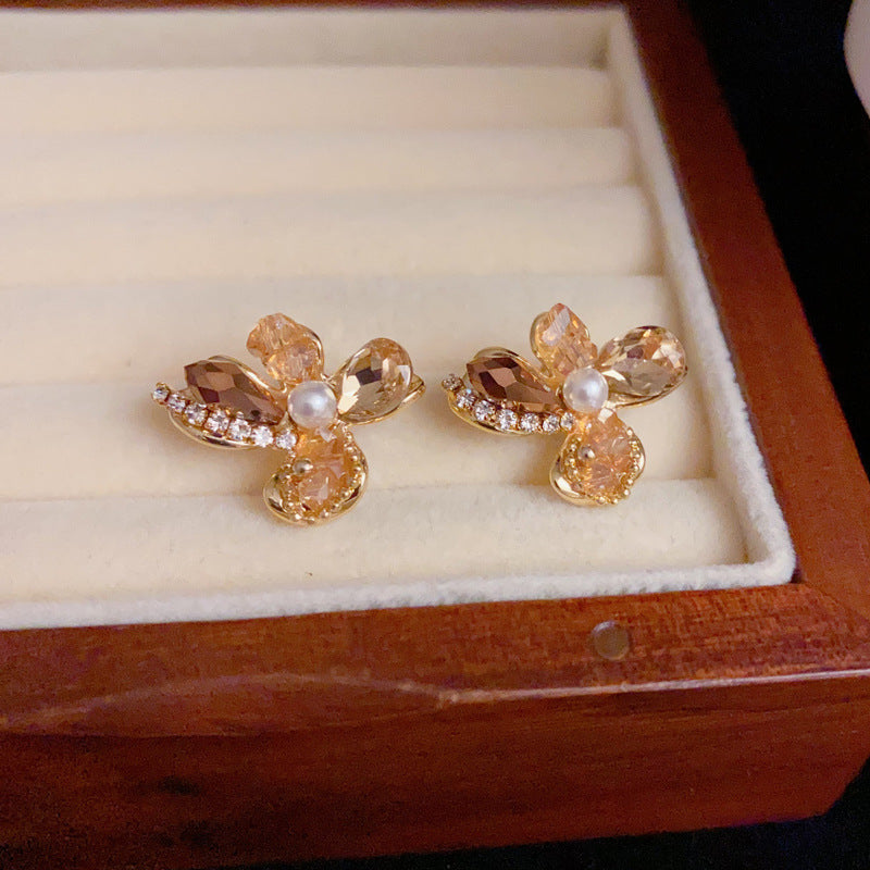 14K Gold-Plated Handmade Crystal Petal Earrings– Elegant Vintage Style