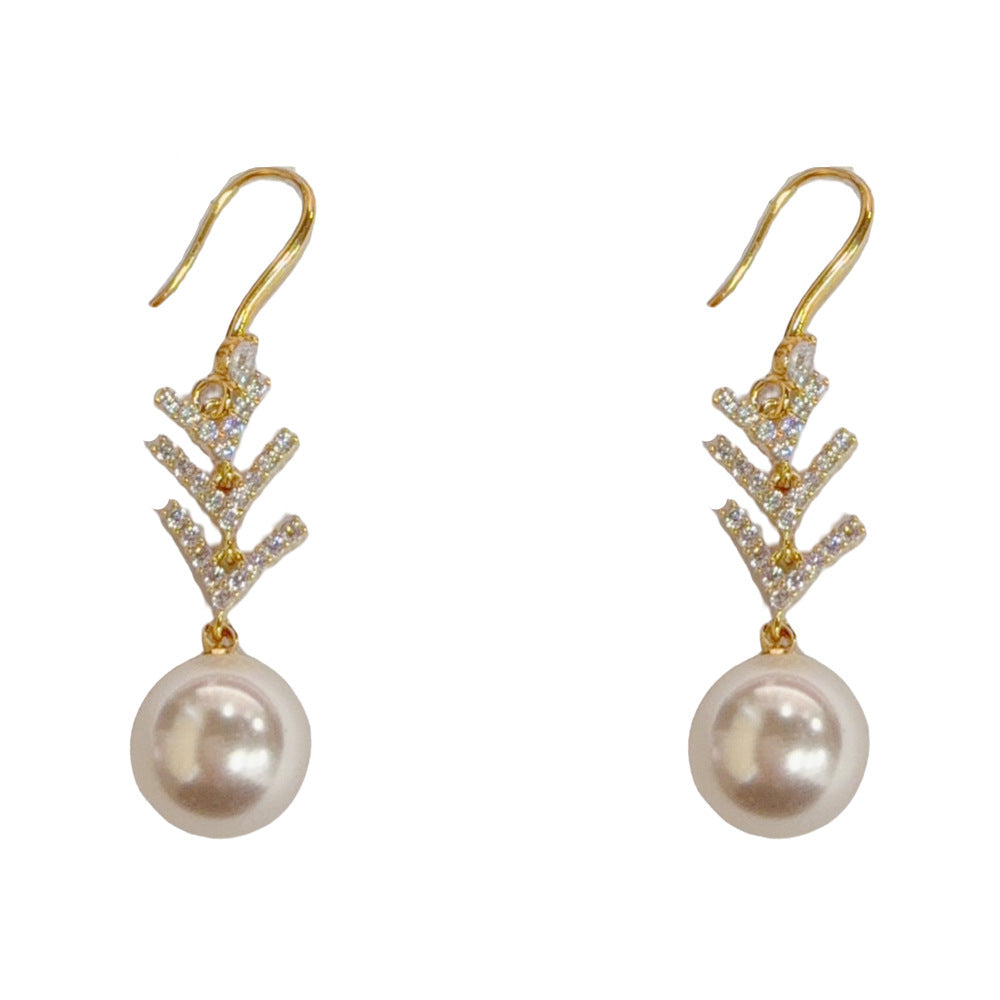 Eaioncol Leaf CZ Pearl Tassel Ear Hooks 14K Gold Plated