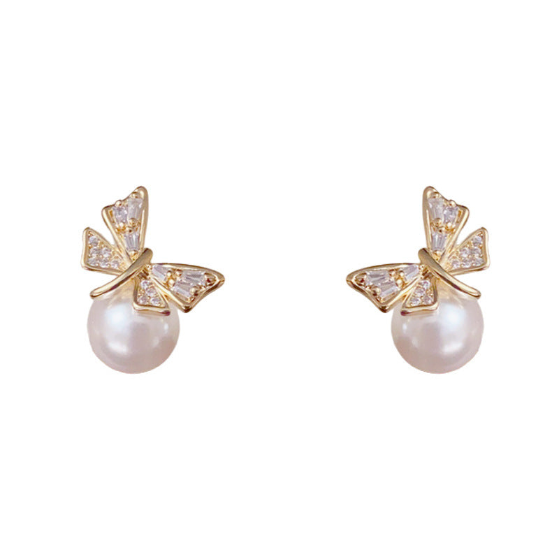 Luxury Full-Zircon Dragonfly & Pearl Stud Earrings – Elegant Design