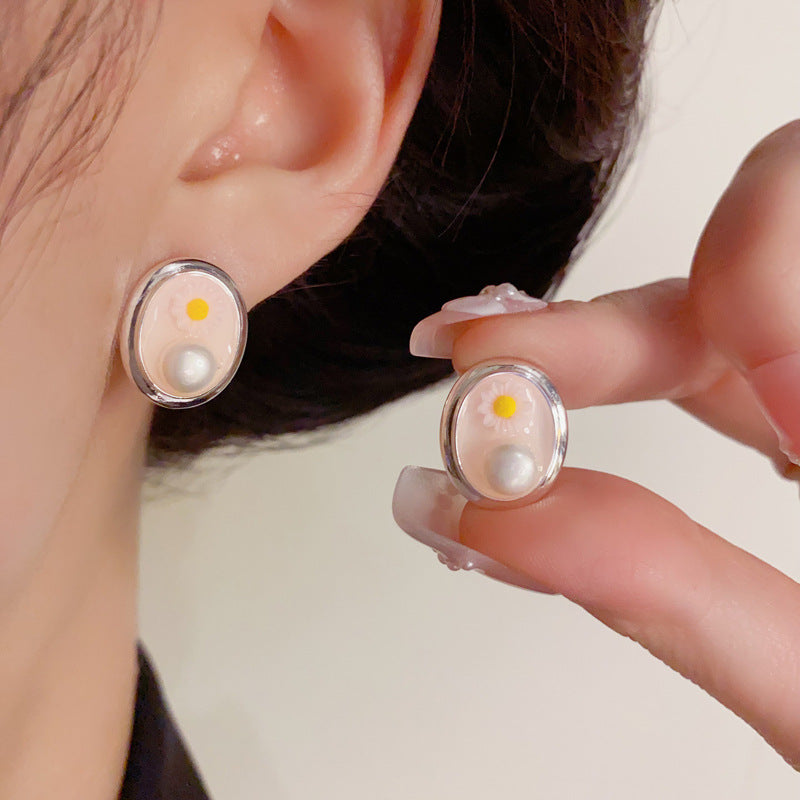 S925 Sliver Luxury Enamel Flower Oval Stud Earrings – Elegant Design