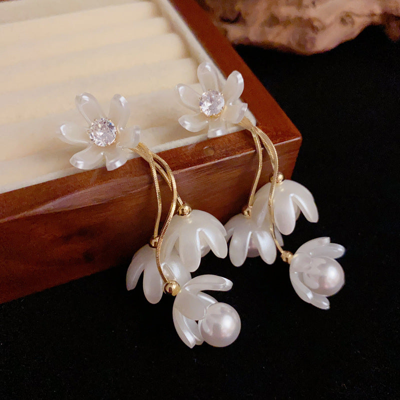 14K Gold Zircon & Pearl Petal Tassel Drop Earrings – Elegant Design