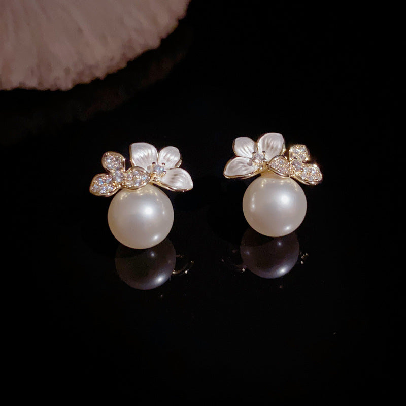 14K Gold-Plated White Enamel Flower Pearl Stud Earrings – Chic Design