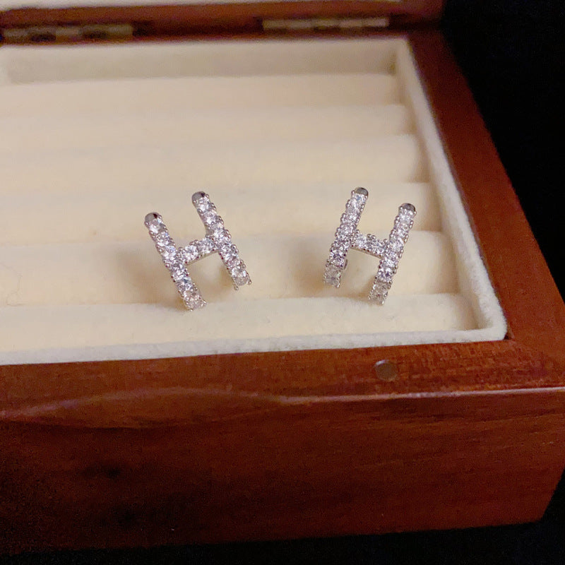 14K Gold-Plated H Letter Full Diamond Stud Earrings - Elegant & Chic