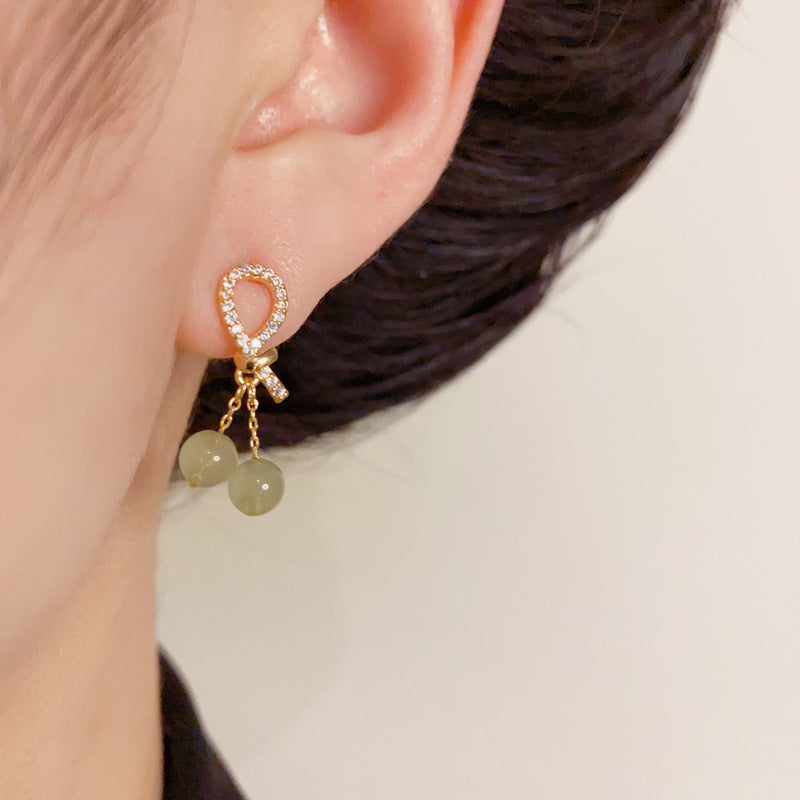 14K Gold-Plated Zircon Knot Green Bead Drop Earrings – Elegant Design