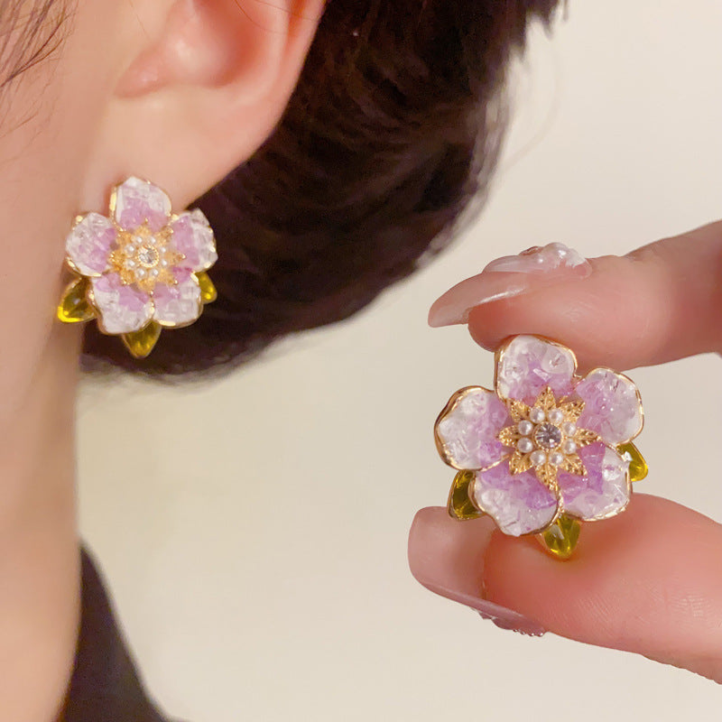 14K Gold Crystal Camellia Stud Earrings – S925 Silver Needle