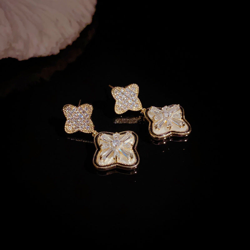 Luxury Zircon Four-Leaf Flower Drop Earrings – Elegant Floral Design