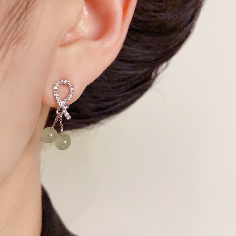 14K Gold-Plated Zircon Knot Green Bead Drop Earrings – Elegant Design