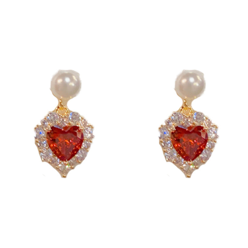 Elegant Full-Zircon Pearl Heart Drop Earrings – Romantic Design