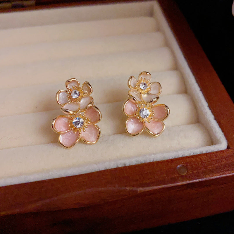14K Gold Pink Enamel Double Petal Stud Earrings – Elegant Design