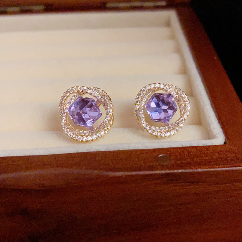 14K Gold Zircon Green & Purple Wrap Stud Earring- Chic Elegance Design