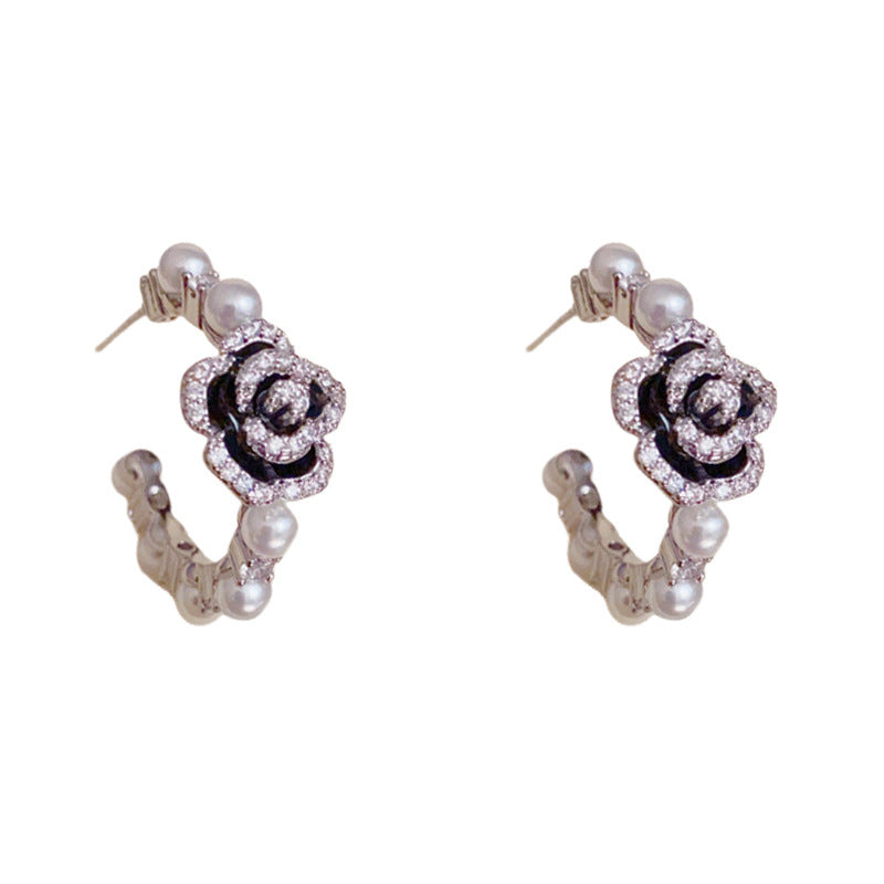 Elegant Zircon Camellia & Pearl Hoop Earrings – Floral Design