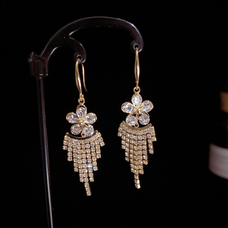 14K Gold-Plated Diamond Flower Tassel Earrings - Elegant Floral Design