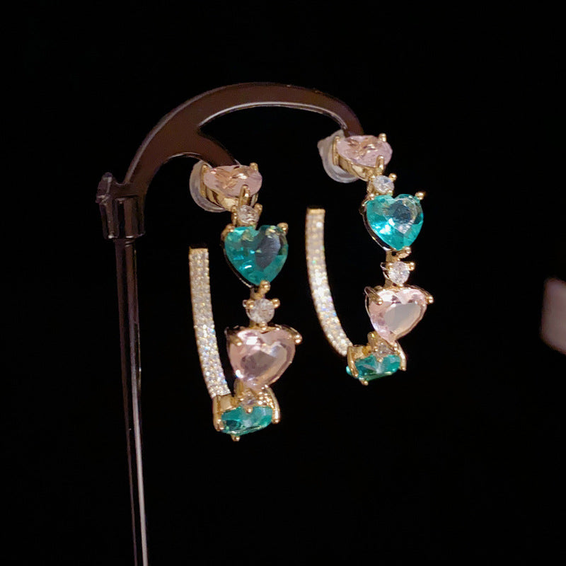 14K Gold Colorful Heart C-Shaped Hoop Earrings – Bold & Chic Design