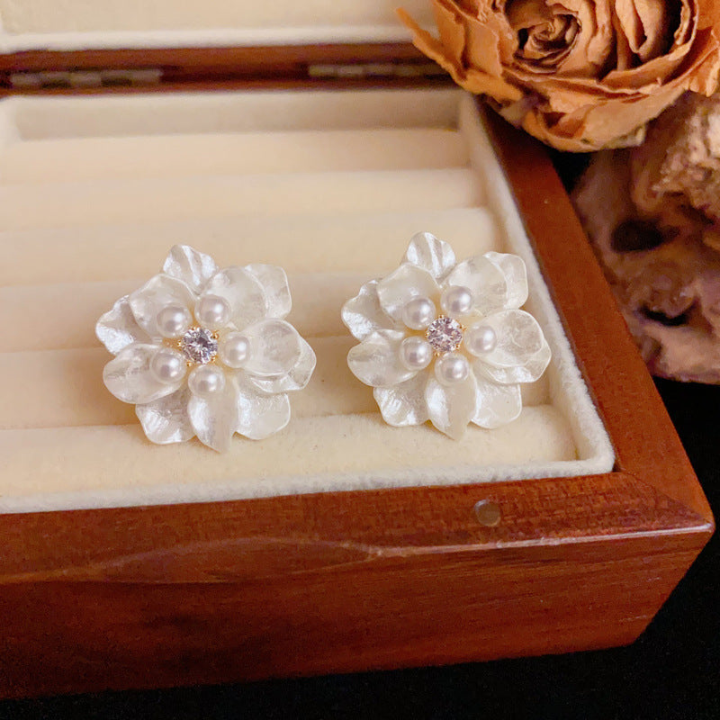 Elegant Pearl & Camellia Stud Floral Earrings – Silver Needle Design