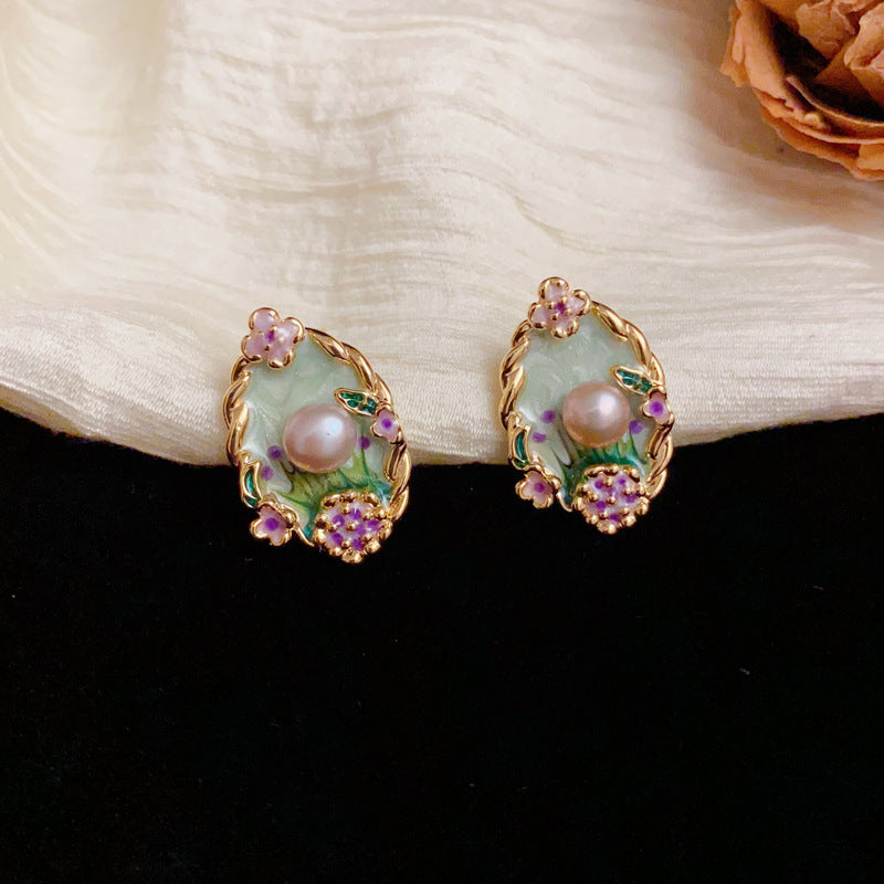 Colorful Enamel Petal & Pearl Stud Gold Earrings – Elegant Design
