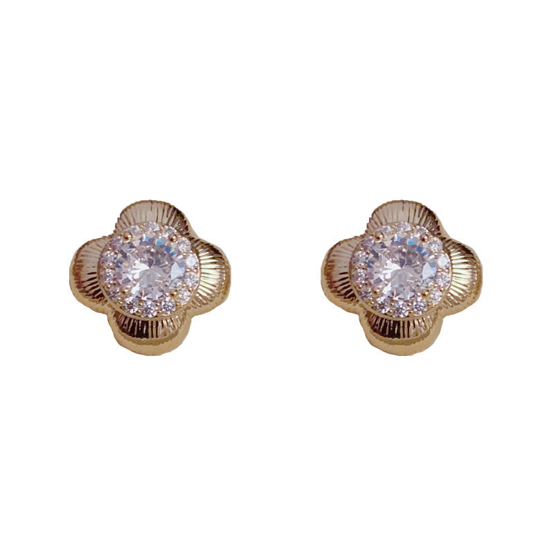 14K Gold-Plated Diamond-Encrusted 4-Leaf Stud Earrings- Elegant Design
