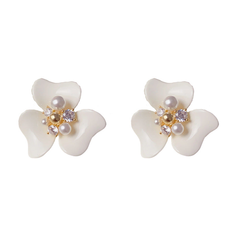 Luxury Enamel Pearl Petal Stud Earrings – Elegant Floral Design