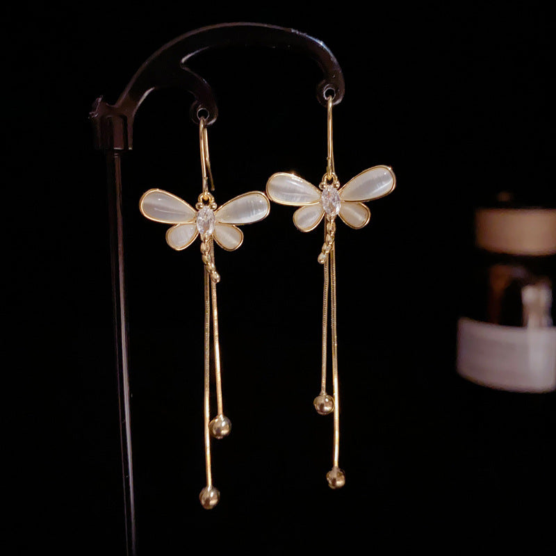 Luxury Zircon Dragonfly Long Tassel Drop Earrings – S925 Silver Needle