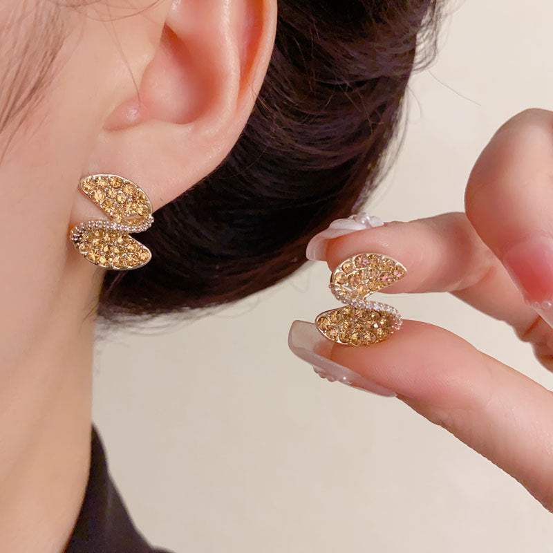 Luxury Coffee Full-Zircon Twisted Stud Earrings – Geometric Design