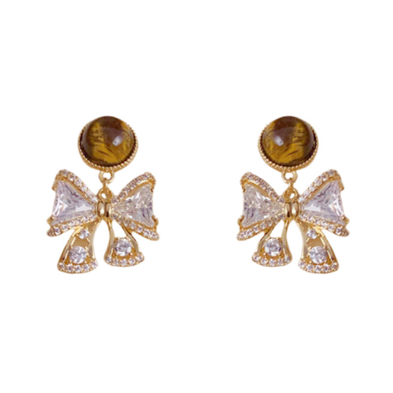 Luxury Zircon Bow & Tiger's Eye Drop Gold Earrings – Elegant Design