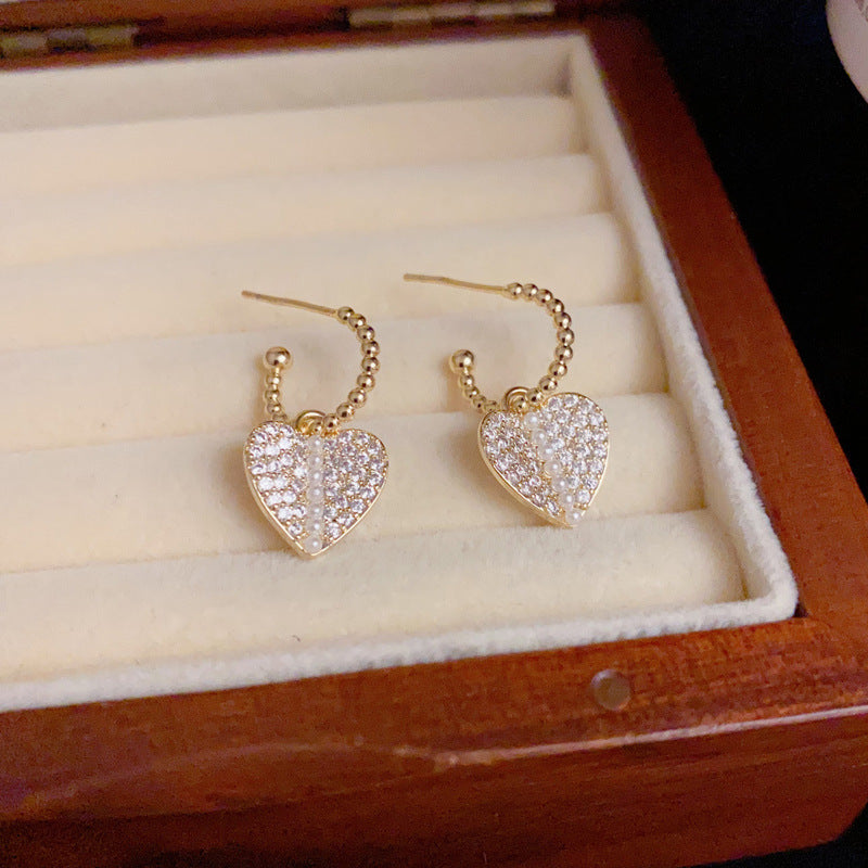 14K Gold Full Zircon Pearl Heart Earrings – Elegant Romantic Design