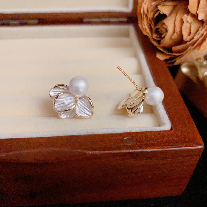 Elegant White Enamel Petal & Pearl Stud Earrings – S925 Silver Needle