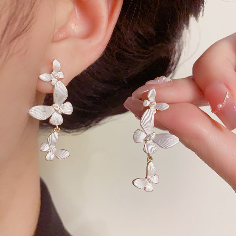 14K Gold Luxury 3D White Butterfly Tassel Drop Earrings–Elegant Design