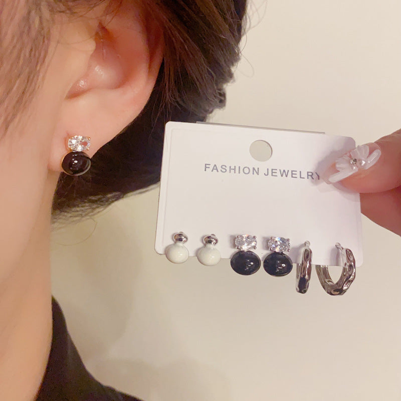 14K Gold-Plated Black and White Bead Hoop Earrings- Geometric Trio Set