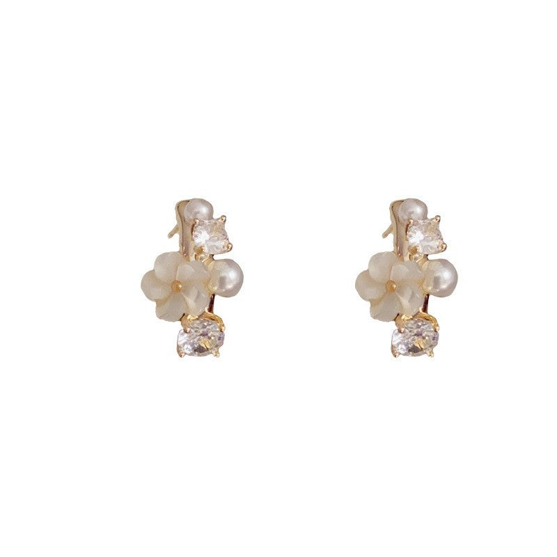 14K Gold Flower Pearl Zircon Stud Earrings- Chic Elegance Design