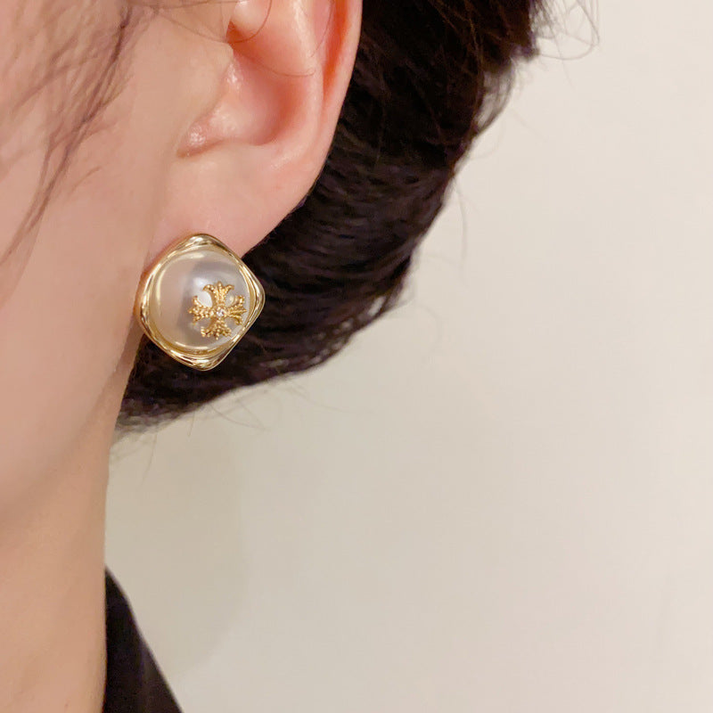 14K Gold Cross Pearl Geometric Stud Earrings- Chic Elegance Design