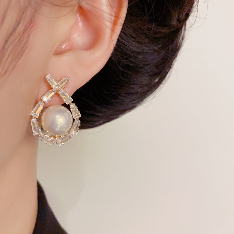 Luxury Zircon Crossed Pearl Droplet Earrings – Elegant Design