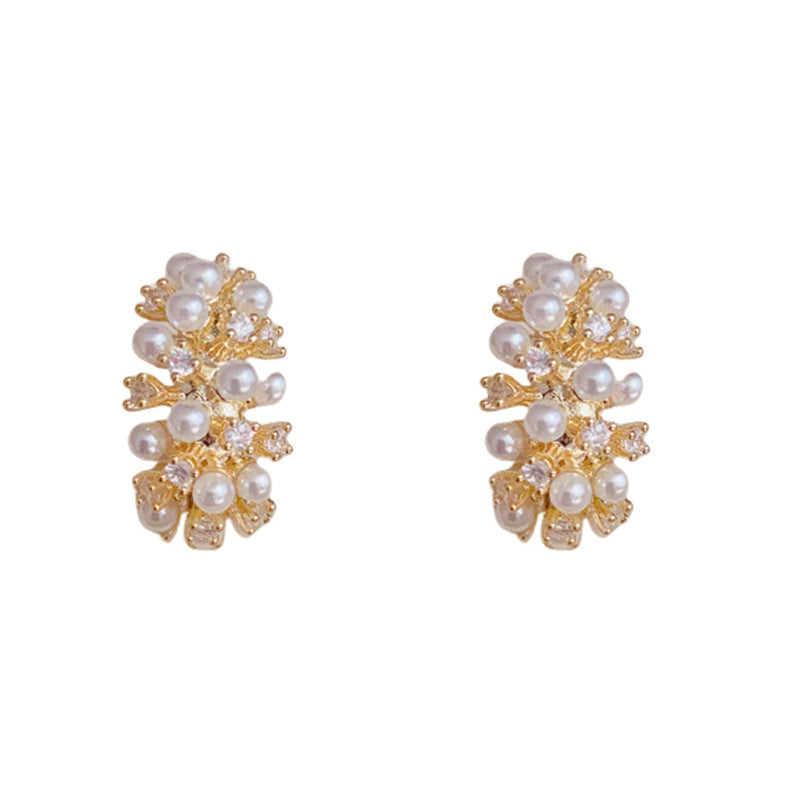 Elegant Zircon & Pearl C-Shaped Hoop Earrings – Geometric Design