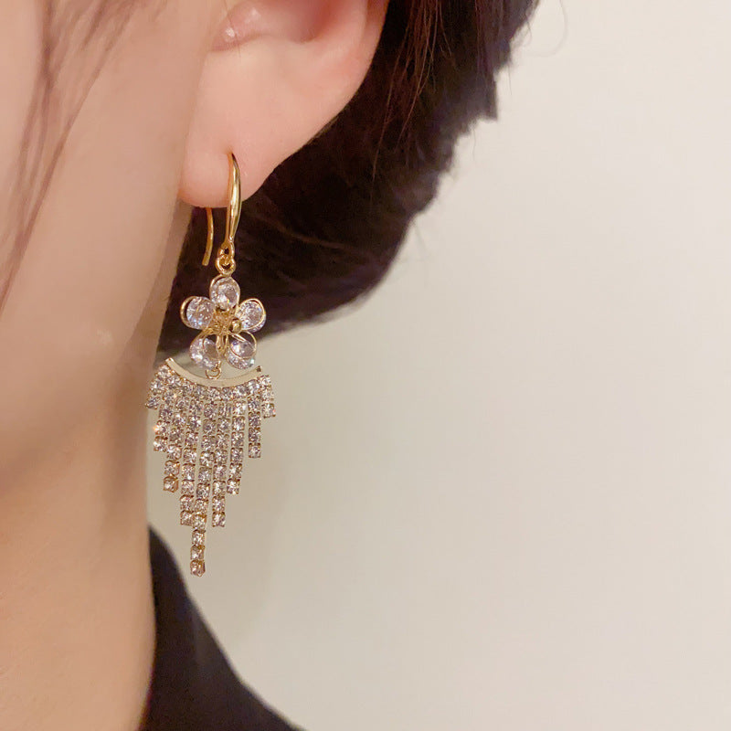 14K Gold-Plated Diamond Flower Tassel Earrings - Elegant Floral Design