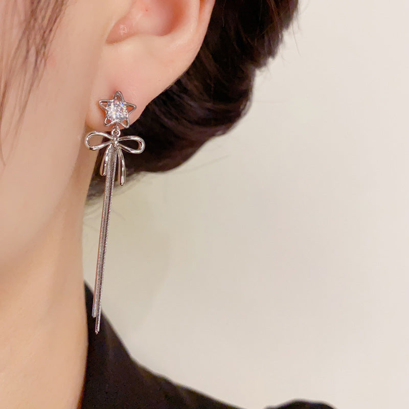 14K Gold-Plated Star Bow Long Tassel Earrings - Chic Elegance Design