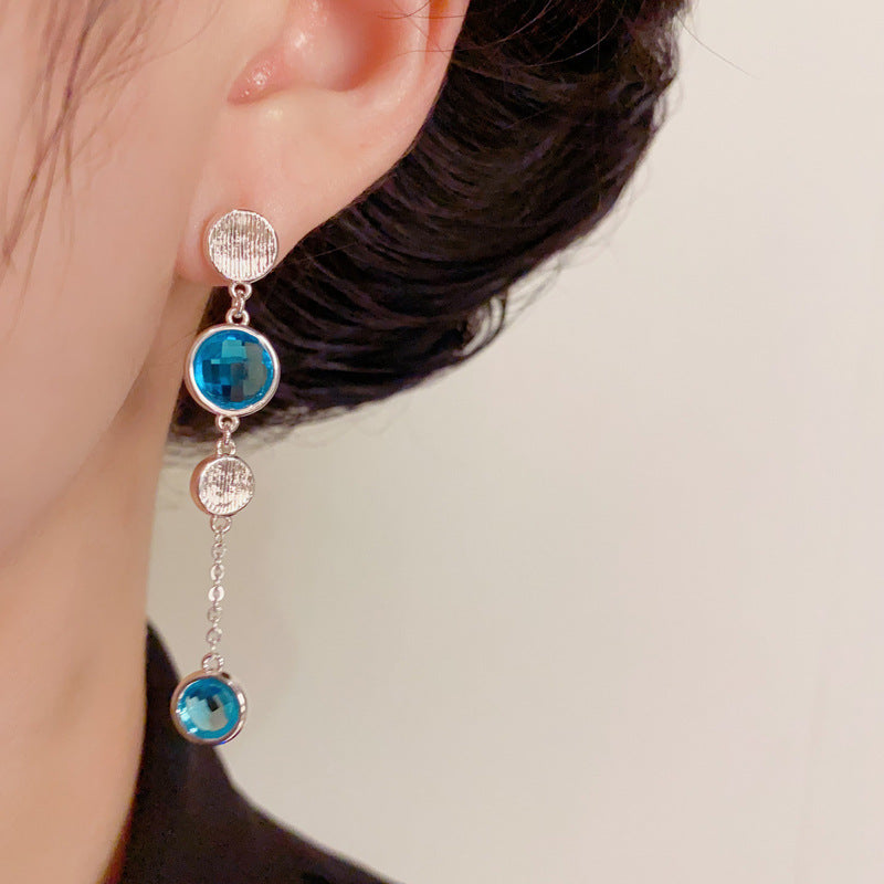 Elegant Blue Crystal Long Tassel Drop Earrings – Geometric Design