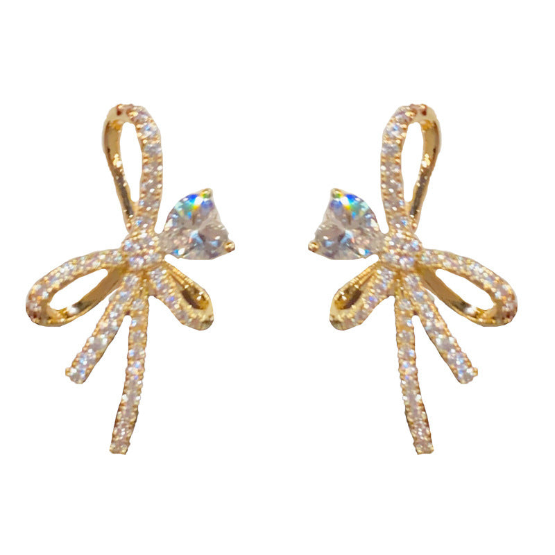 14K Gold-Plated Zircon Bowknot Stud Earrings – Elegant Design