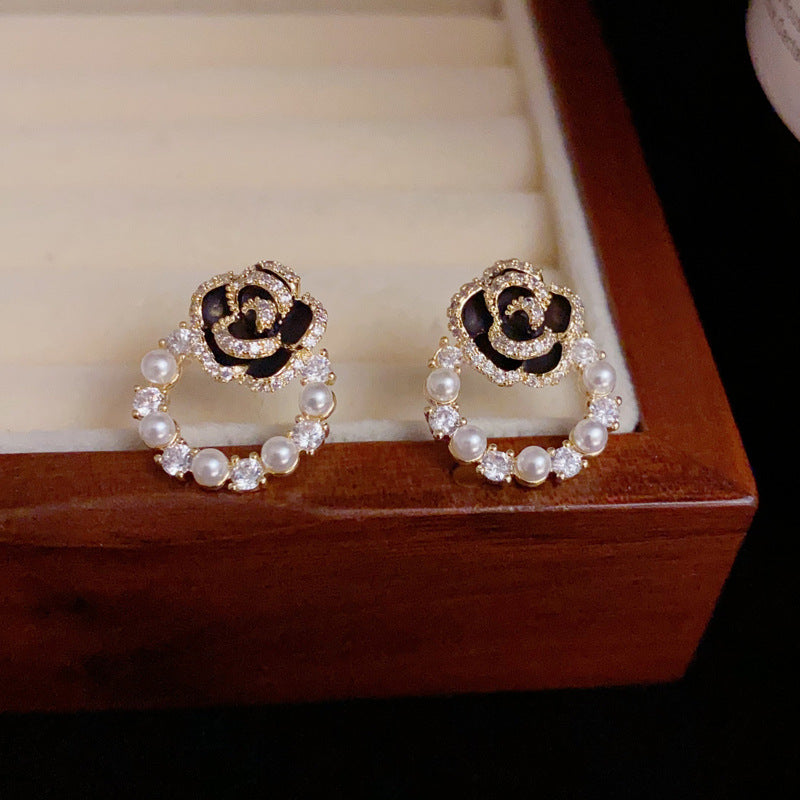 14K Gold-Plated Camellia Zircon Circle Earrings - Vintage Chic Design