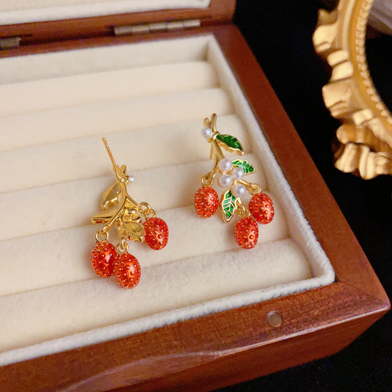 Elegant Leaf Pearl & Red Fruit Drop Gold Earrings – Geometric Design