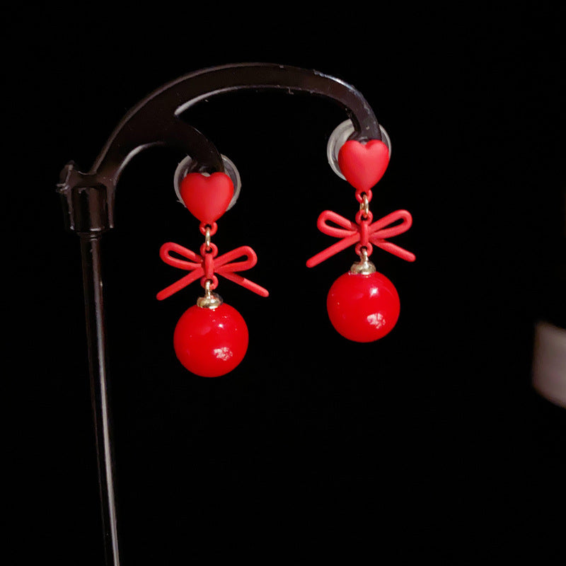 14K Gold-Plated Red Heart Bow Pearl Drop Earrings - Elegant Design