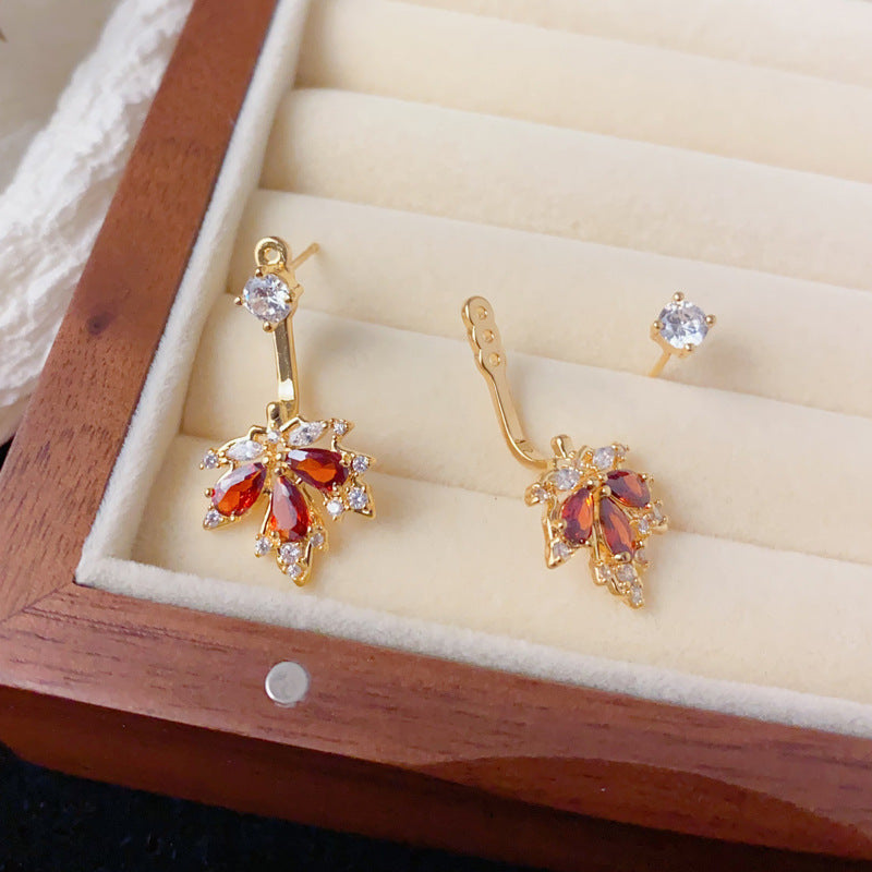 Luxury Two-Way Red Maple Leaf Stud Earrings – Elegant Design