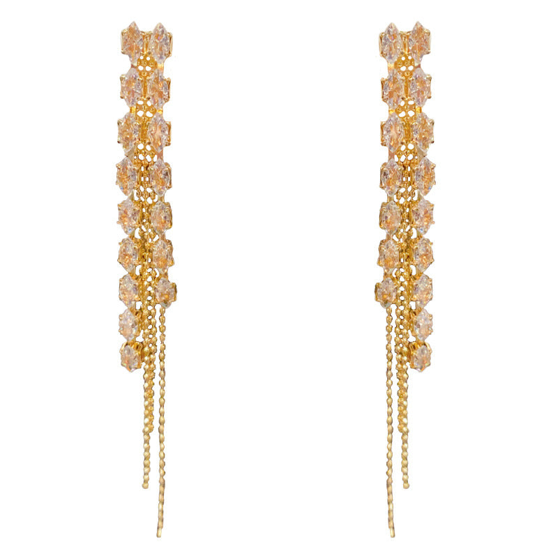 14K Gold Full Zircon Long Tassel Drop Earrings - Chic Elegance Design