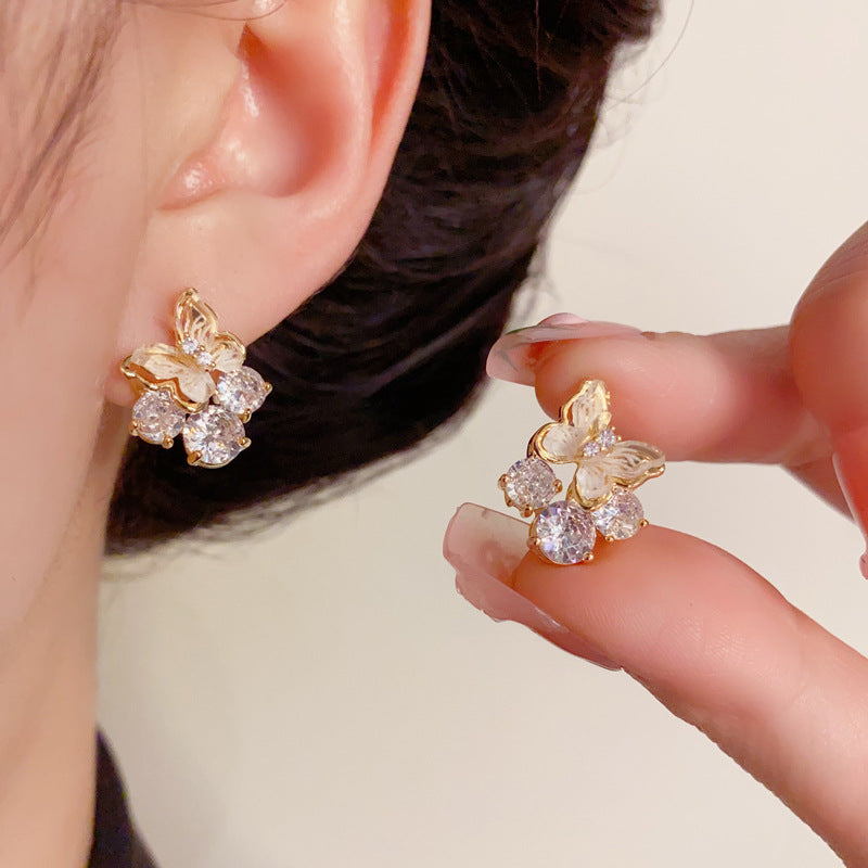 14K Gold-Plated Diamond Butterfly Stud Earrings – Elegant Design