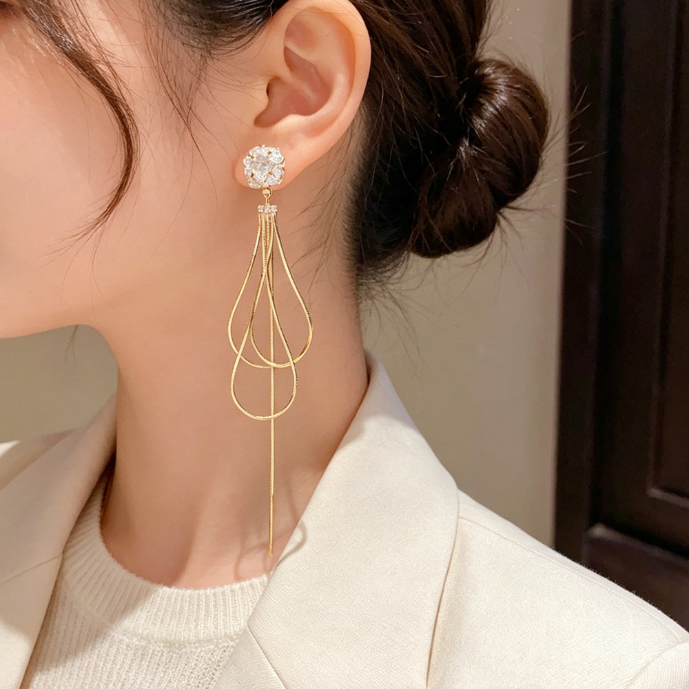 Eaioncol Geometric Long CZ Tassel Drop Earrings Gold Silver